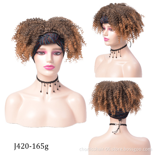 Wholesale Cheap Ombre Turban Wig Afro Short Headband Wigs Kinky Curly Synthetic Wig With Headband Attached For Black Women